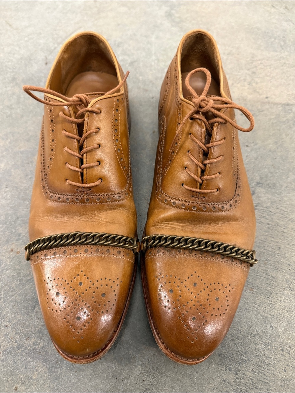 Taft Cognac Leather Brogue Oxfords with Chain Accent